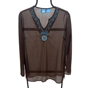 Blue Island New York Sheer Brown Mesh Beaded Boho Tunic Blouse Medium